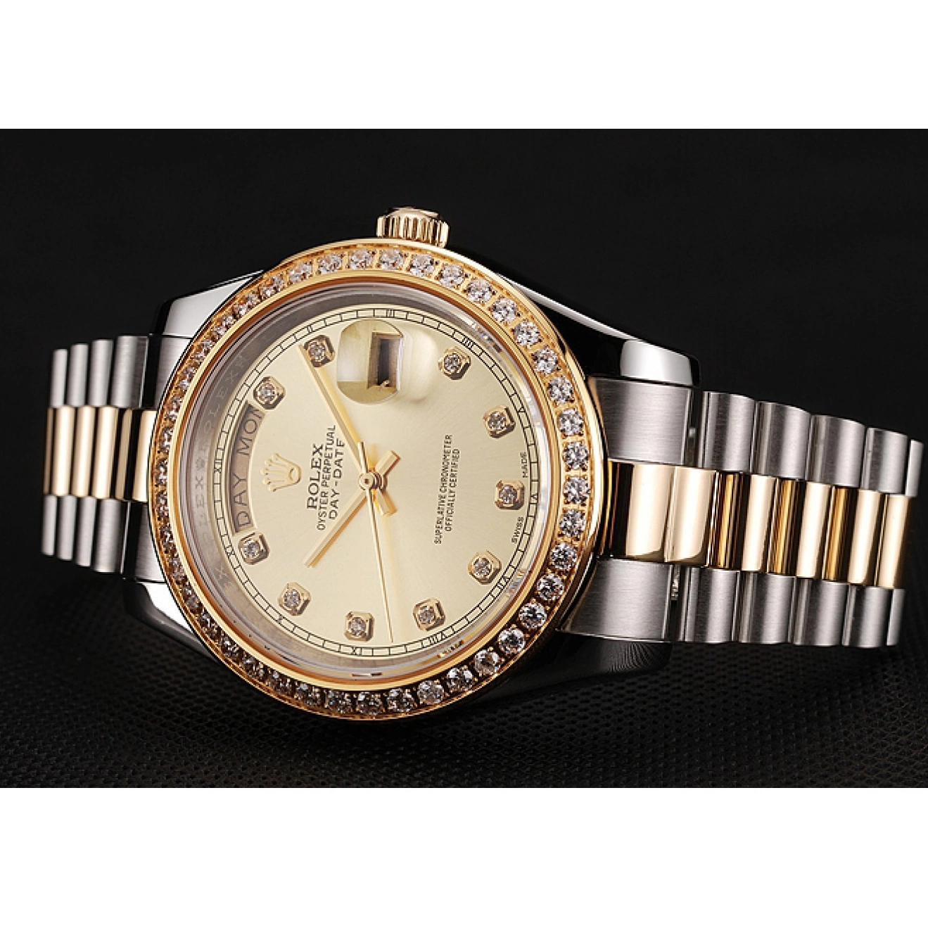Aaa replica watch Case Stainless Day-Date 1453974 Bracelet Diamond Champagne Rolex Swiss Steel Dial Gold Two Tone 0727